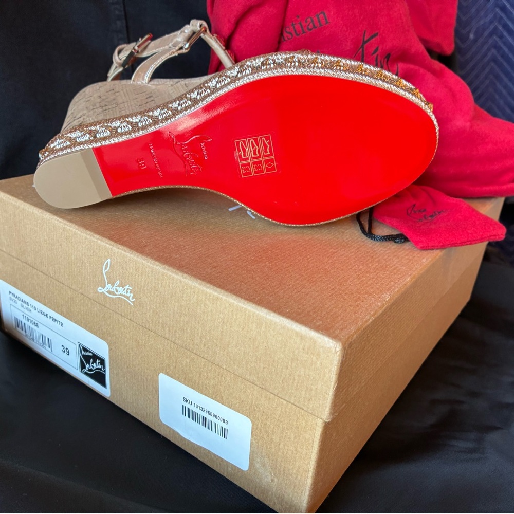 Christian Louboutin Metallic Gold Cork Wedge Sandals with Crystal Trim - Picture 2 of 4
